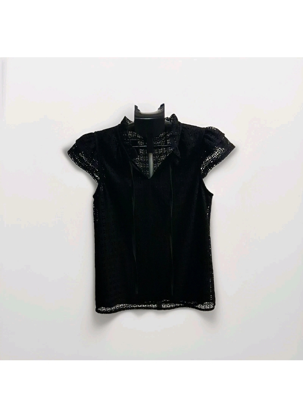 Tahari Black Lace-Trim Cap Sleeve Blouse